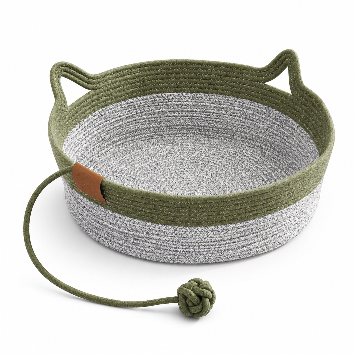 Panier en osier pour chat vert et gris avec jouet