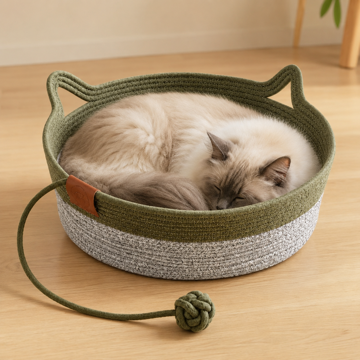 Panier en osier pour chat vert et gris avec jouet