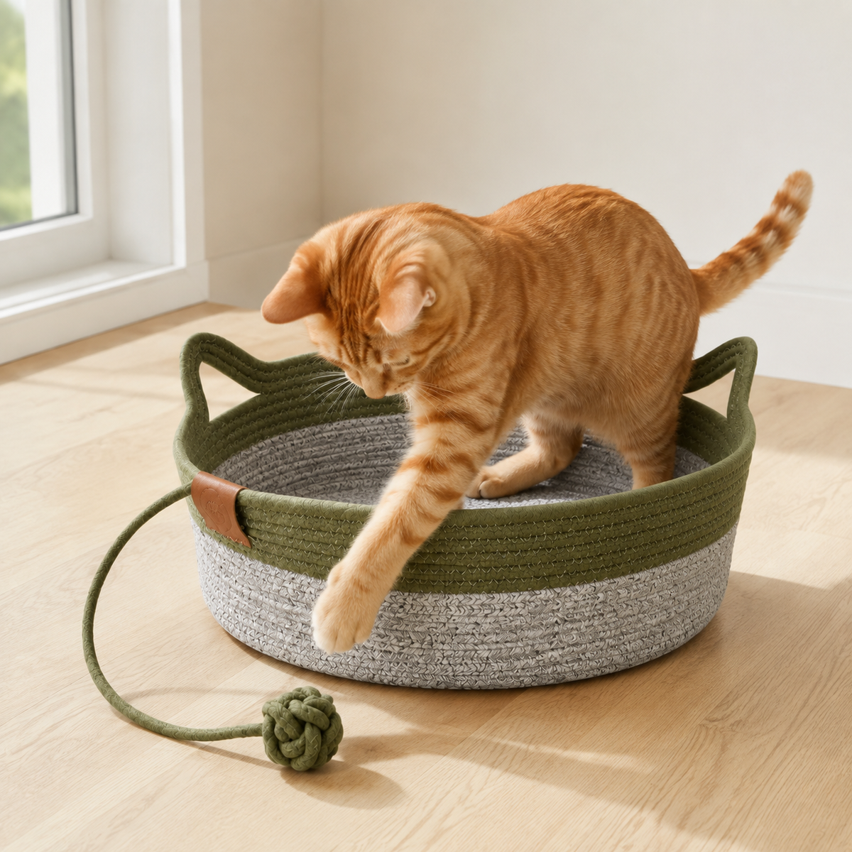 Panier en osier pour chat vert et gris avec jouet