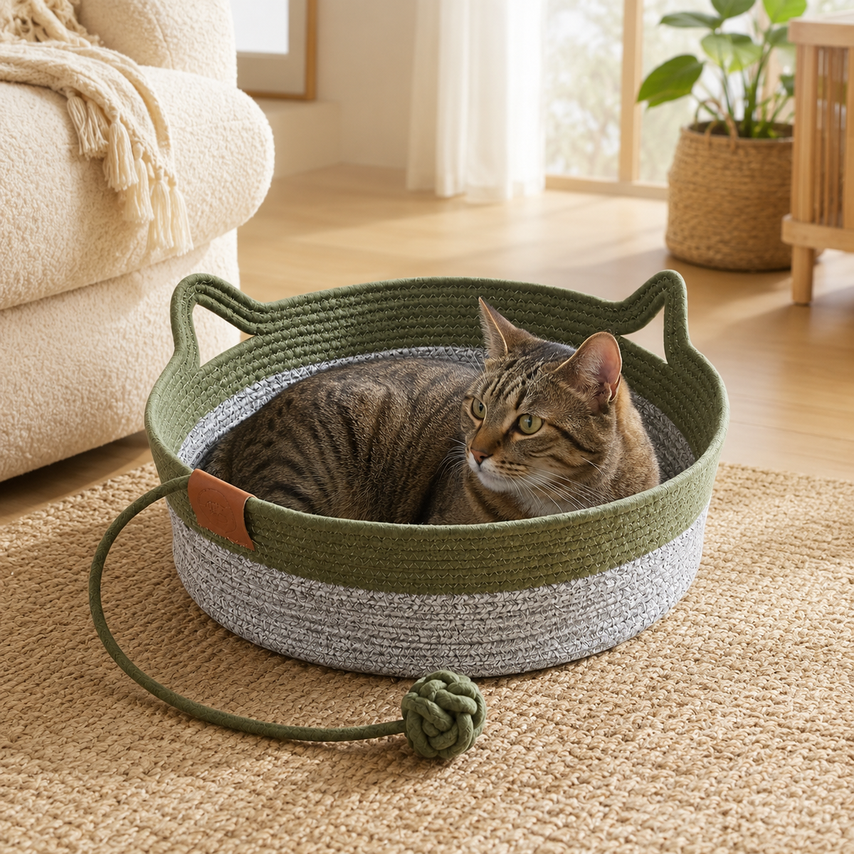 Panier en osier pour chat vert et gris avec jouet