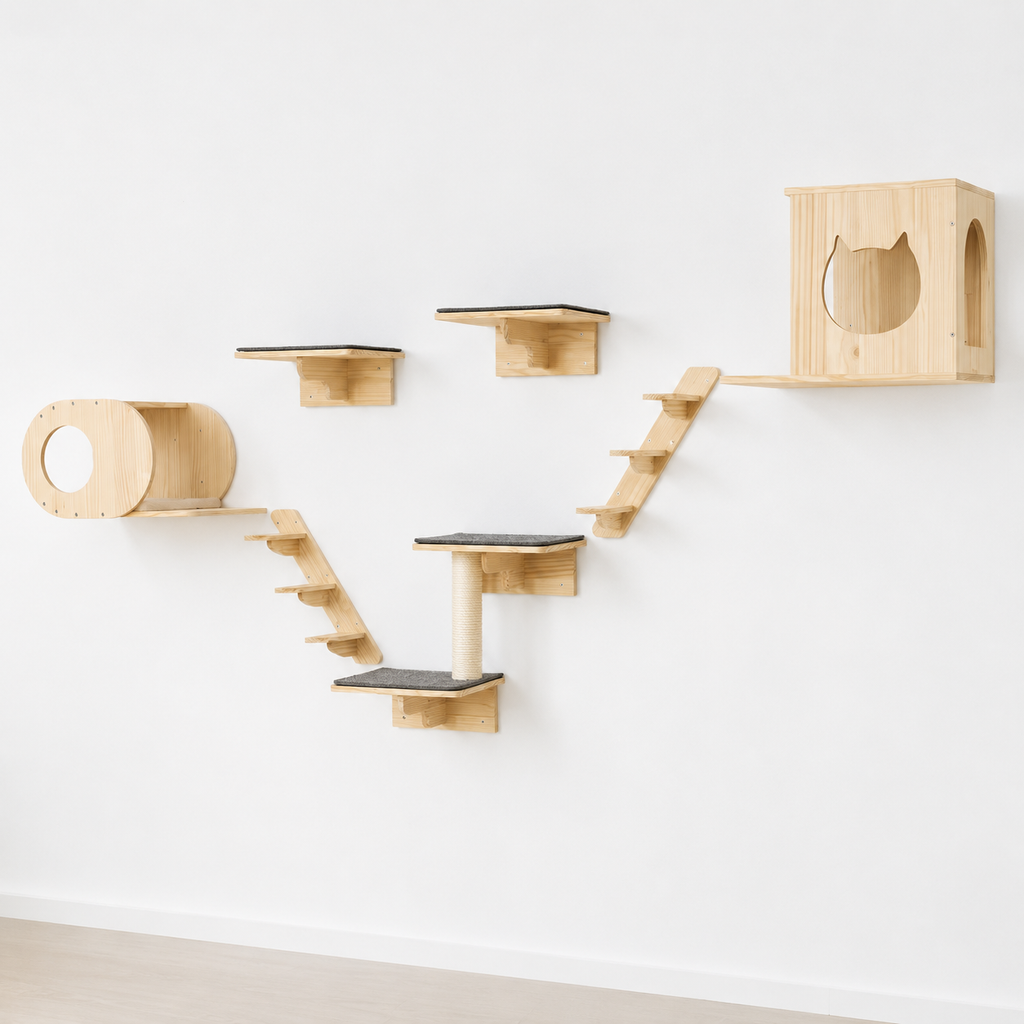 Arbre à chat mural en bois de pin avec 7 modules