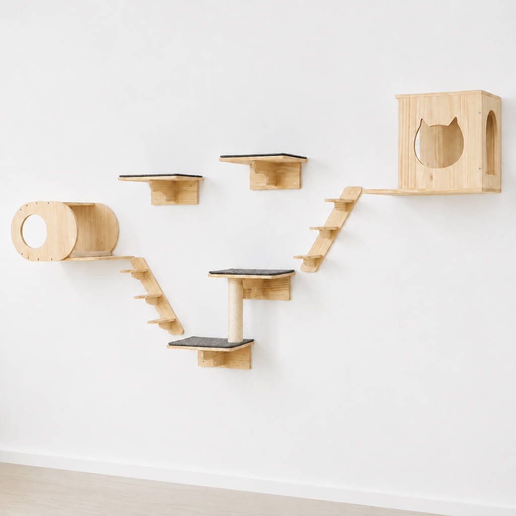 Arbre à chat mural en bois de pin avec 7 modules