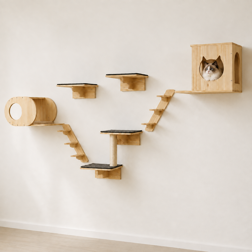 Arbre à chat mural en bois de pin avec 7 modules