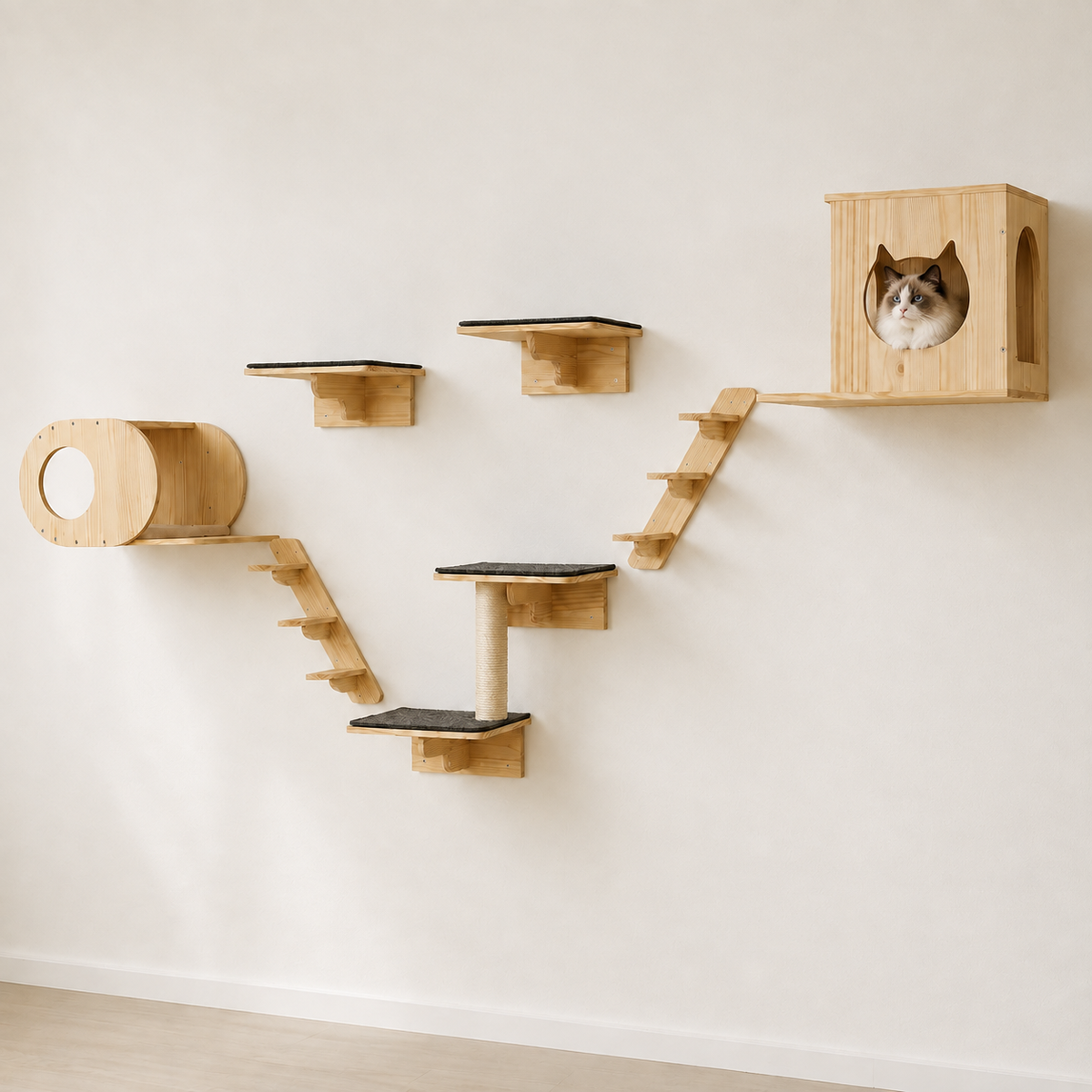 Arbre à chat mural en bois de pin avec 7 modules