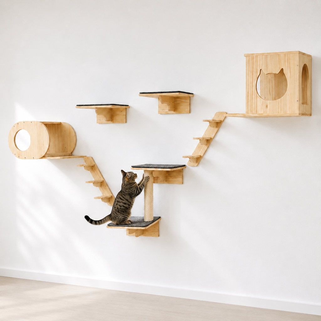 Arbre à chat mural en bois de pin avec 7 modules