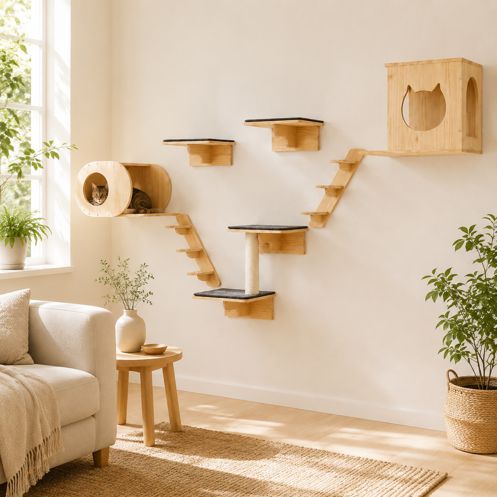 Arbre à chat mural en bois de pin avec 7 modules