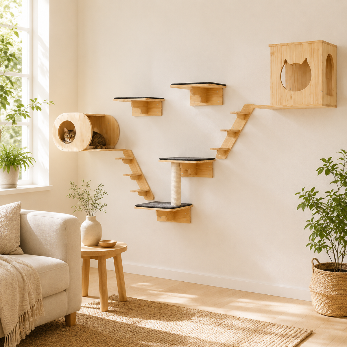 Arbre à chat mural en bois de pin avec 7 modules