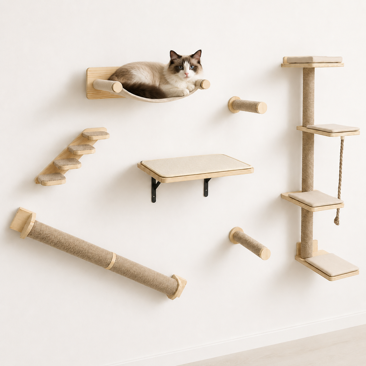 Arbre à chat mural en bois de chêne avec 7 modules