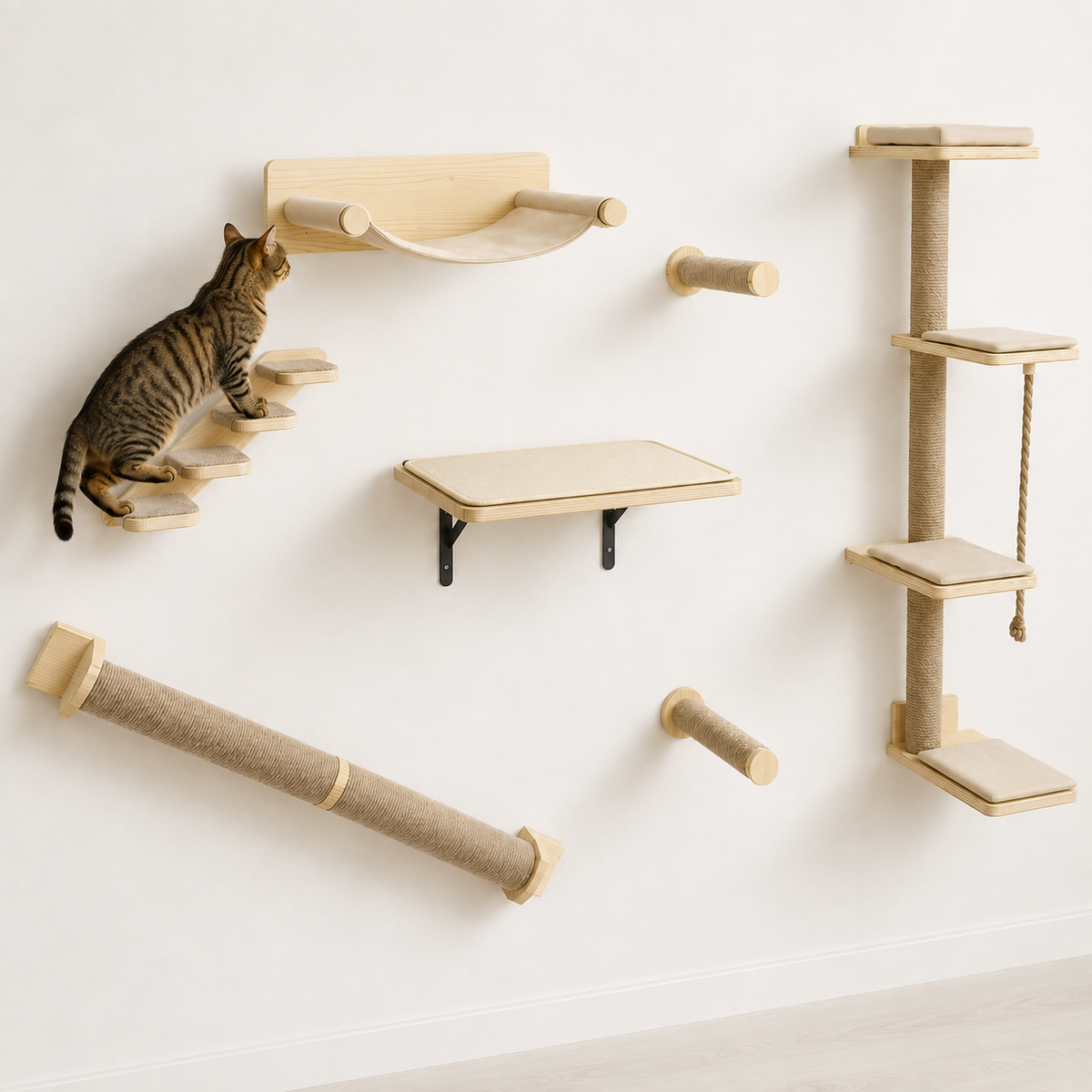 Arbre à chat mural en bois de chêne avec 7 modules