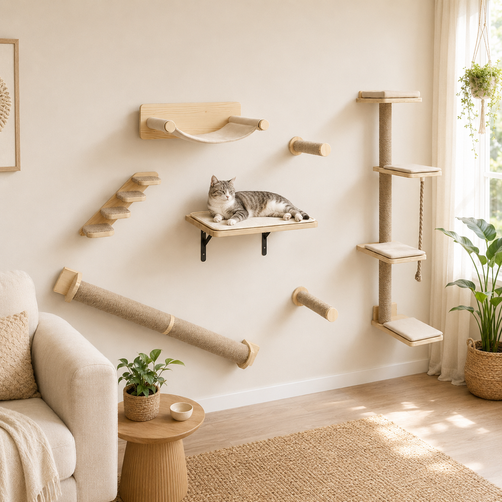 Arbre à chat mural en bois de chêne avec 7 modules