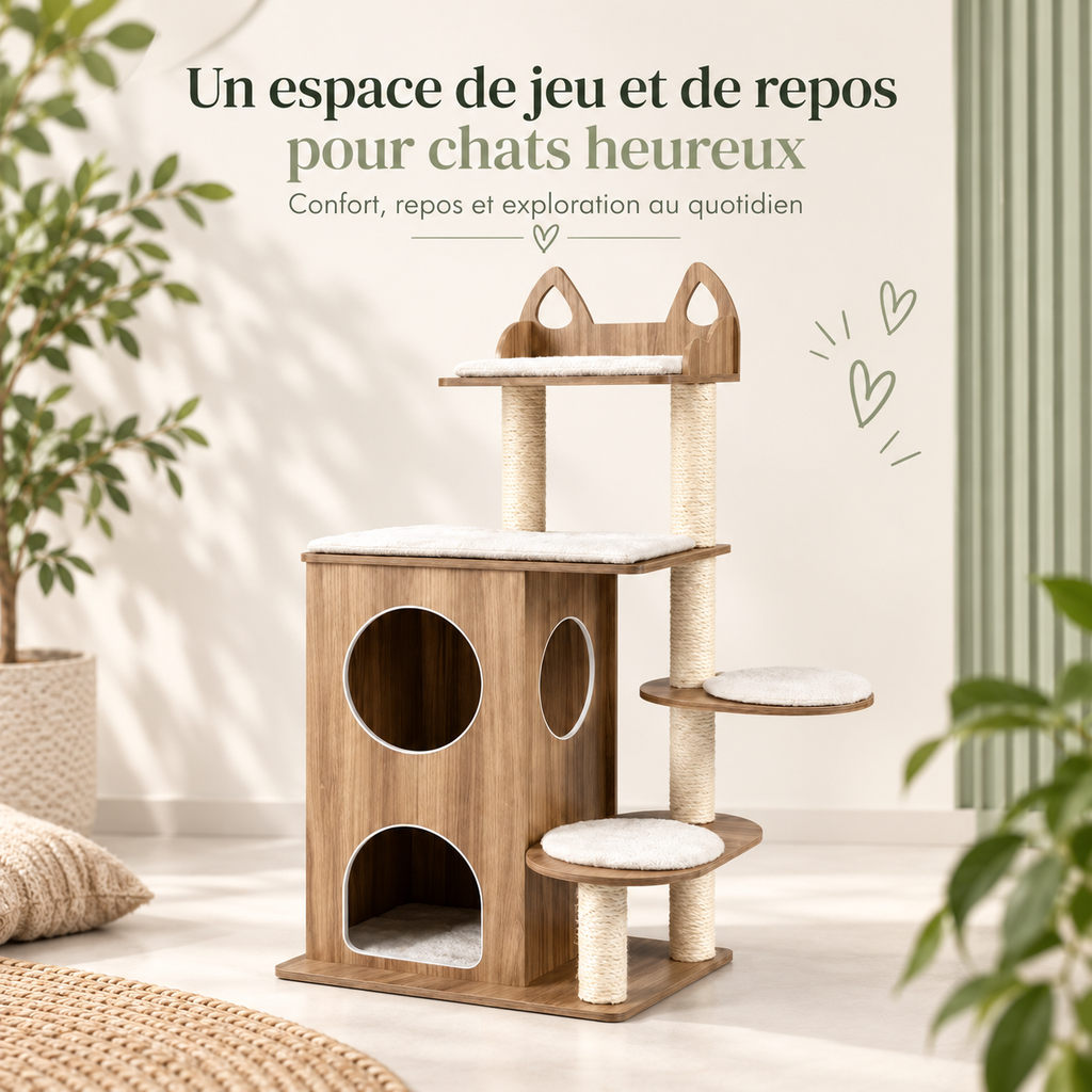 Arbre à chat design en bois avec condo à 2 étages