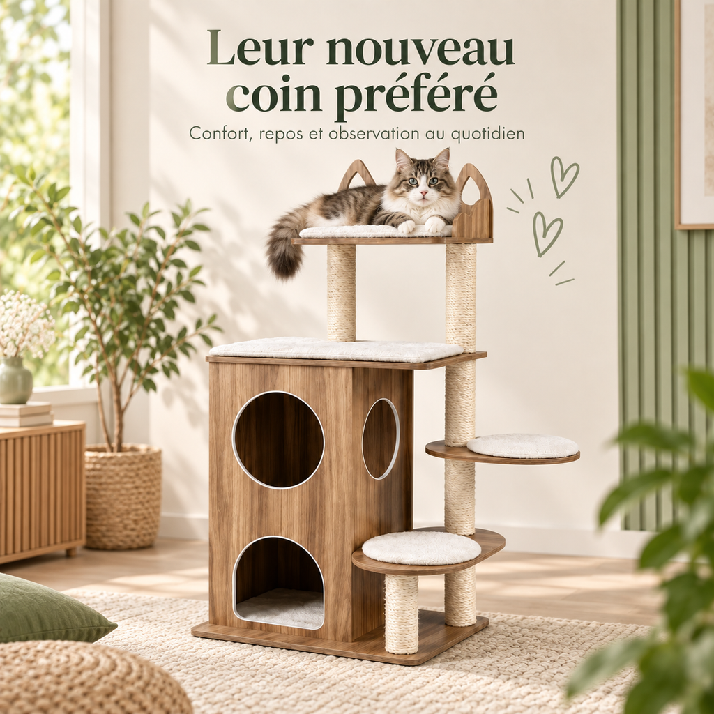 Arbre à chat design en bois avec condo à 2 étages