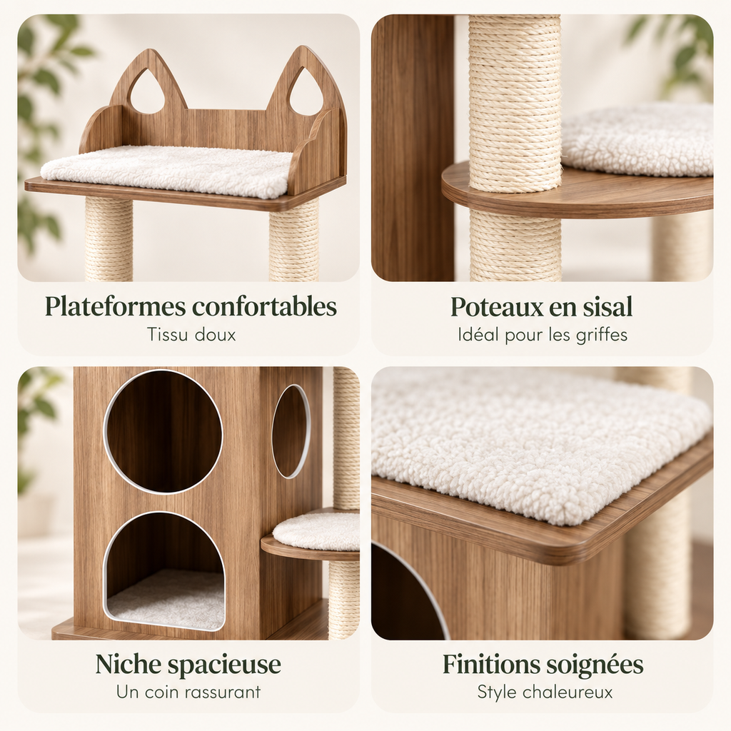 Arbre à chat design en bois avec condo à 2 étages