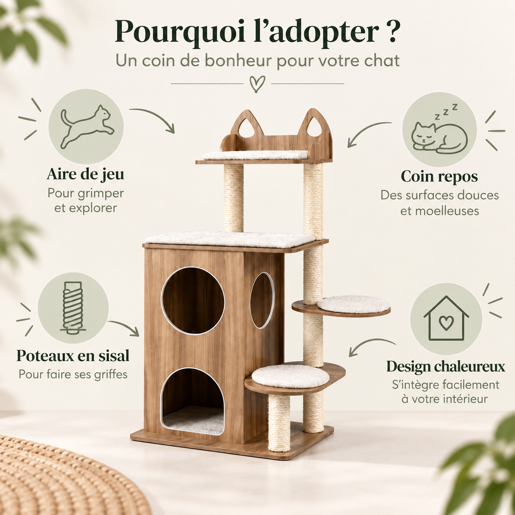 Arbre à chat design en bois avec condo à 2 étages