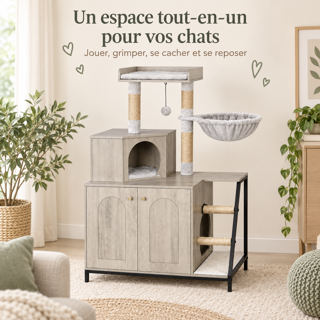 Arbre à chat design 4 en 1 avec meuble cache-litière
