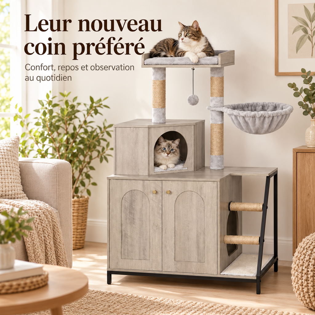Arbre à chat design 4 en 1 avec meuble cache-litière