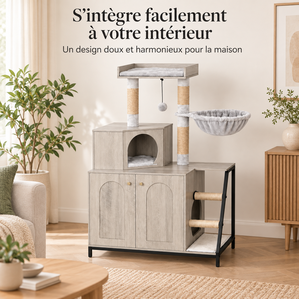 Arbre à chat design 4 en 1 avec meuble cache-litière