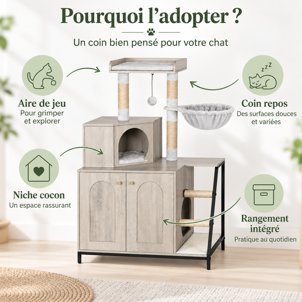 Arbre à chat design 4 en 1 avec meuble cache-litière