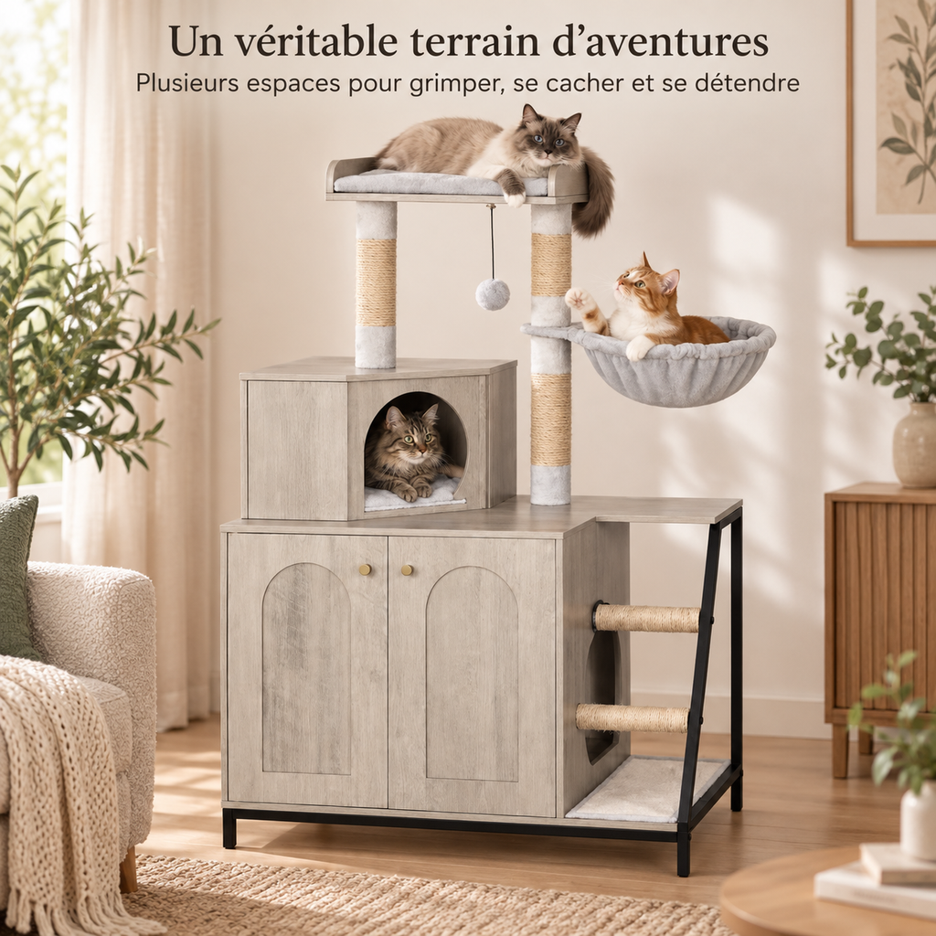Arbre à chat design 4 en 1 avec meuble cache-litière