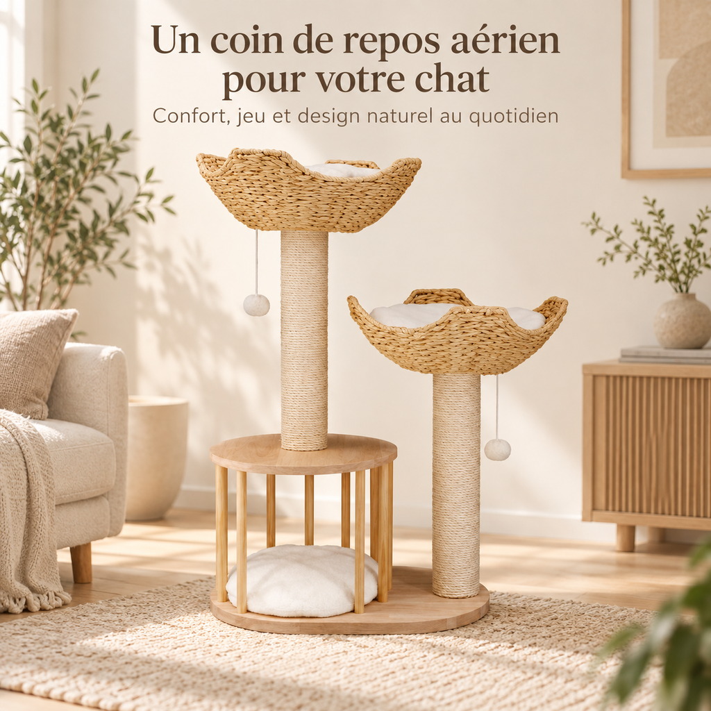 Arbre à chat design à 3 niveaux avec paniers tressés