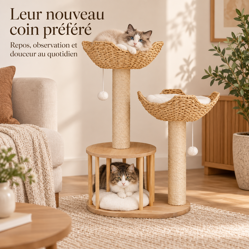 Arbre à chat design à 3 niveaux avec paniers tressés