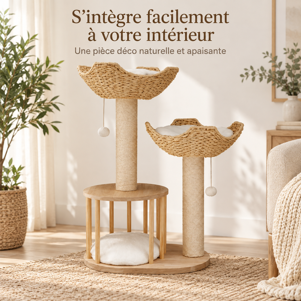 Arbre à chat design à 3 niveaux avec paniers tressés