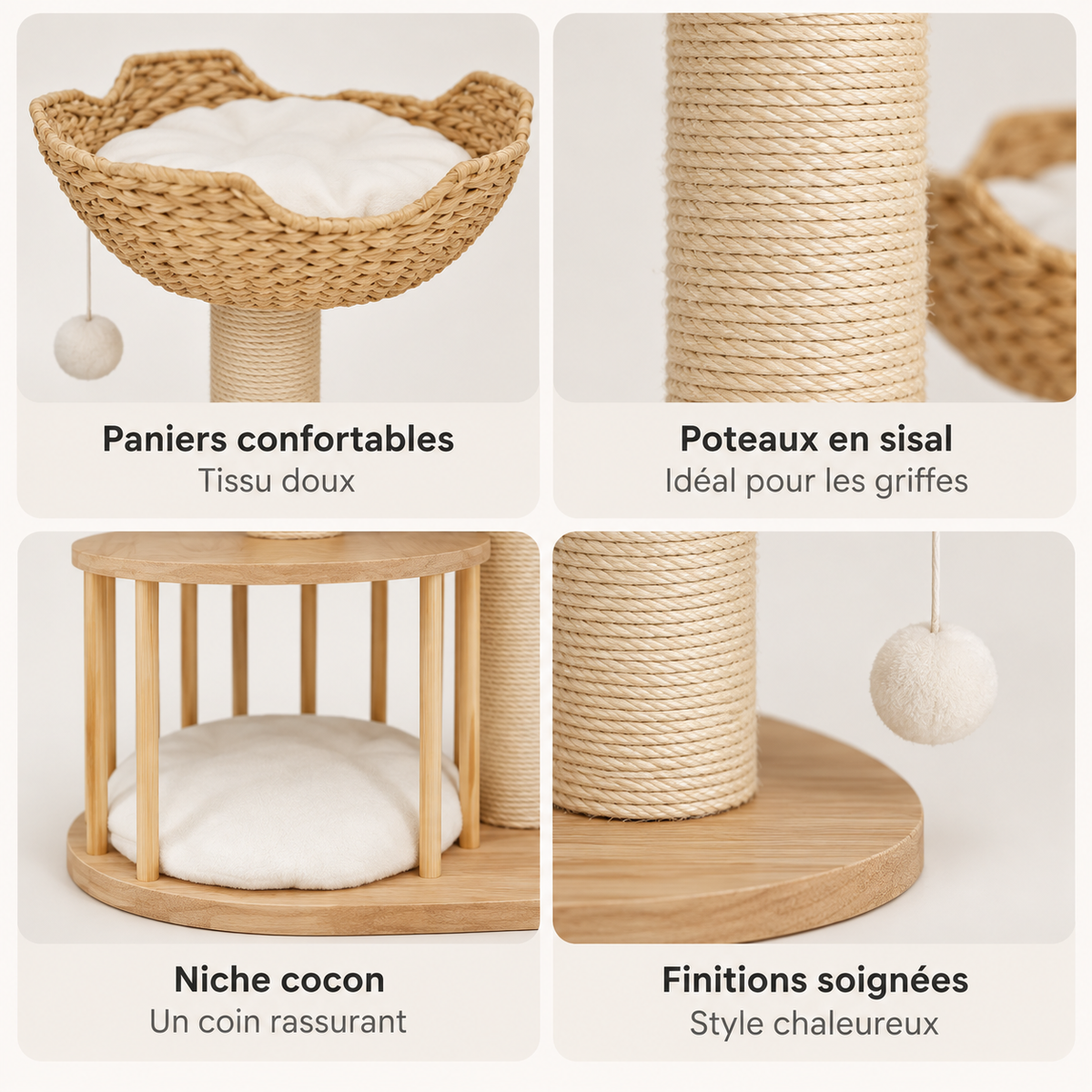Arbre à chat design à 3 niveaux avec paniers tressés