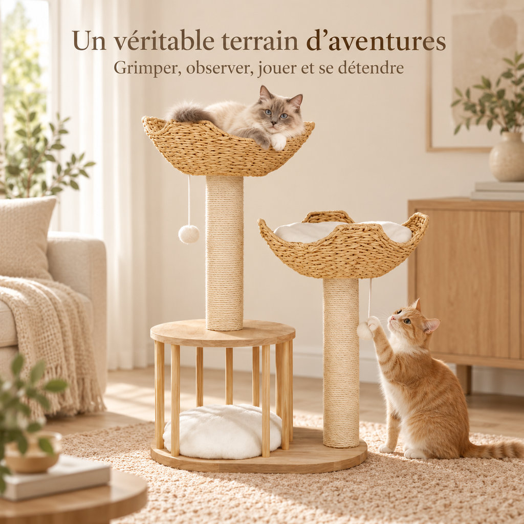 Arbre à chat design à 3 niveaux avec paniers tressés
