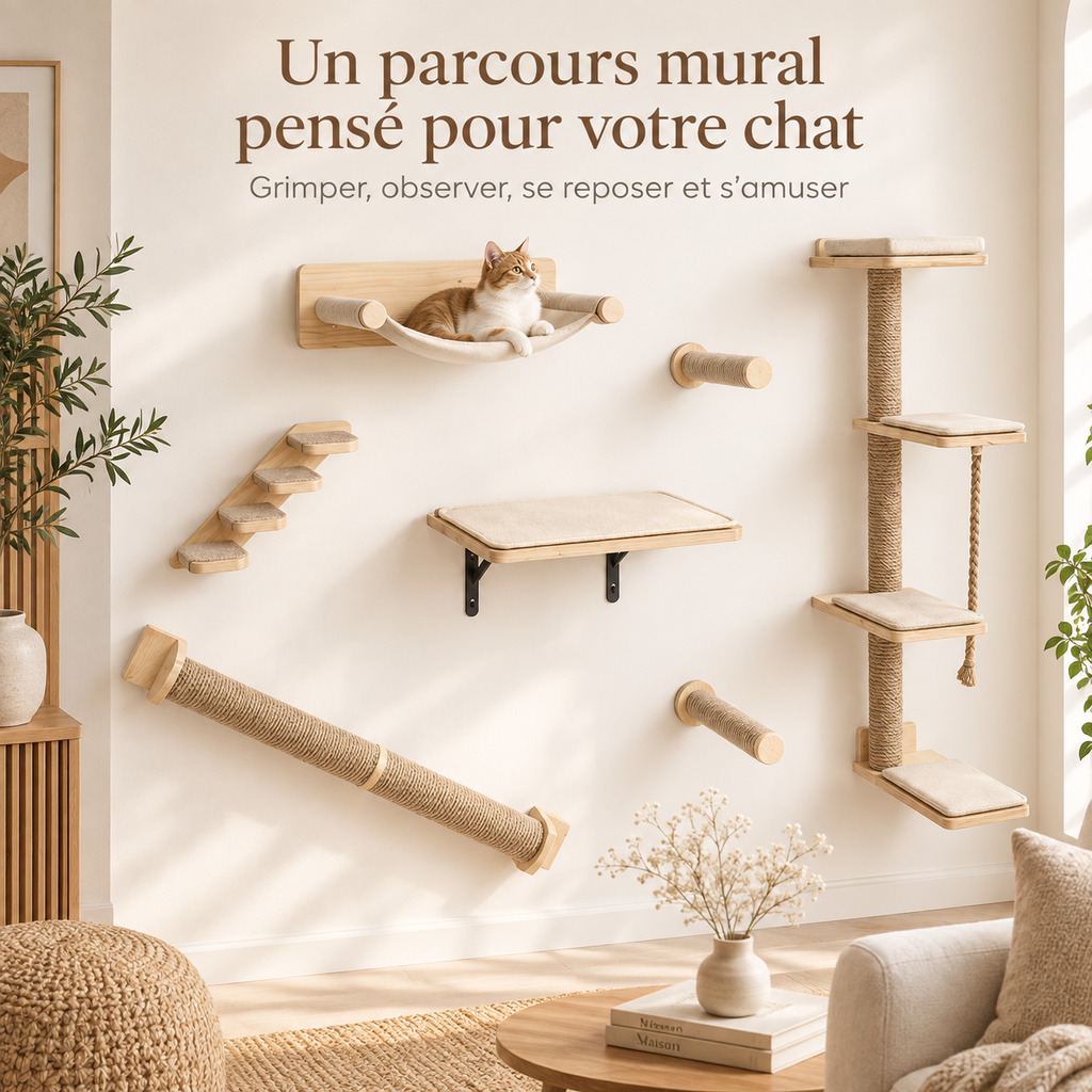 Arbre à chat mural en bois de chêne avec 7 modules