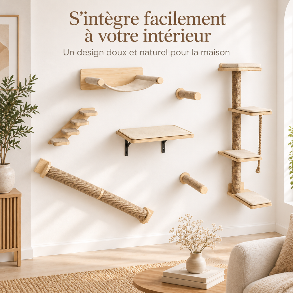 Arbre à chat mural en bois de chêne avec 7 modules
