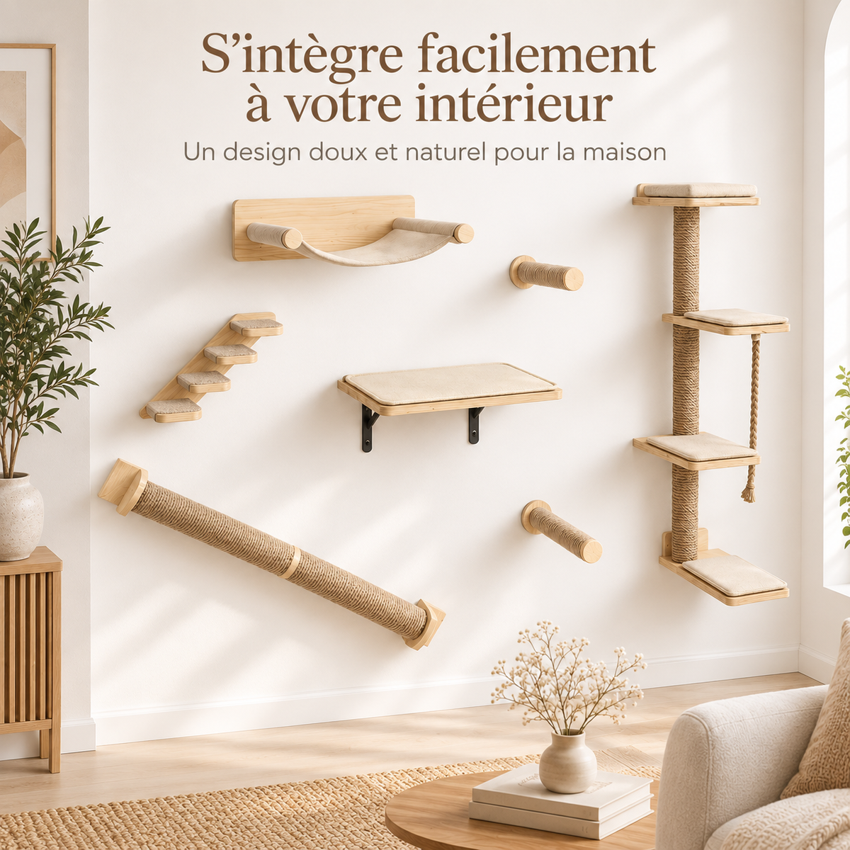 Arbre à chat mural en bois de chêne avec 7 modules