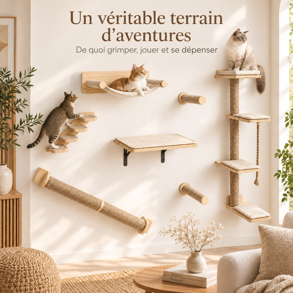 Arbre à chat mural en bois de chêne avec 7 modules