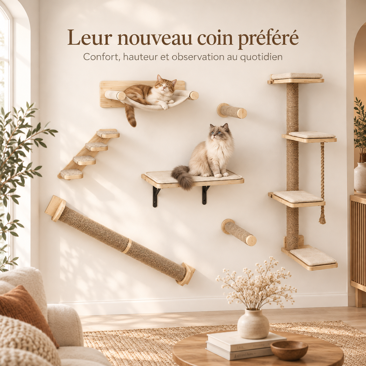 Arbre à chat mural en bois de chêne avec 7 modules