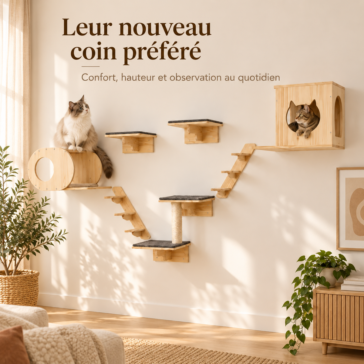 Arbre à chat mural en bois de pin avec 7 modules