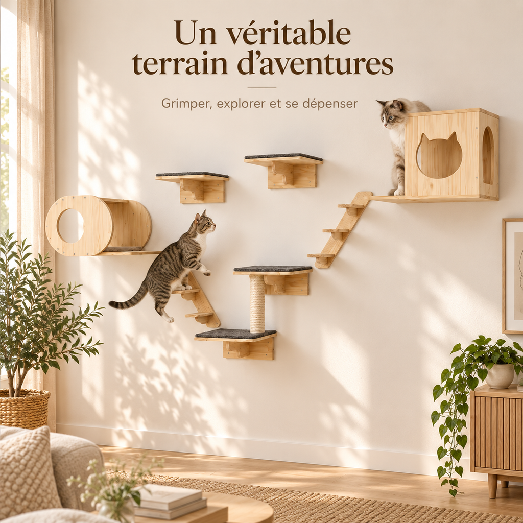 Arbre à chat mural en bois de pin avec 7 modules