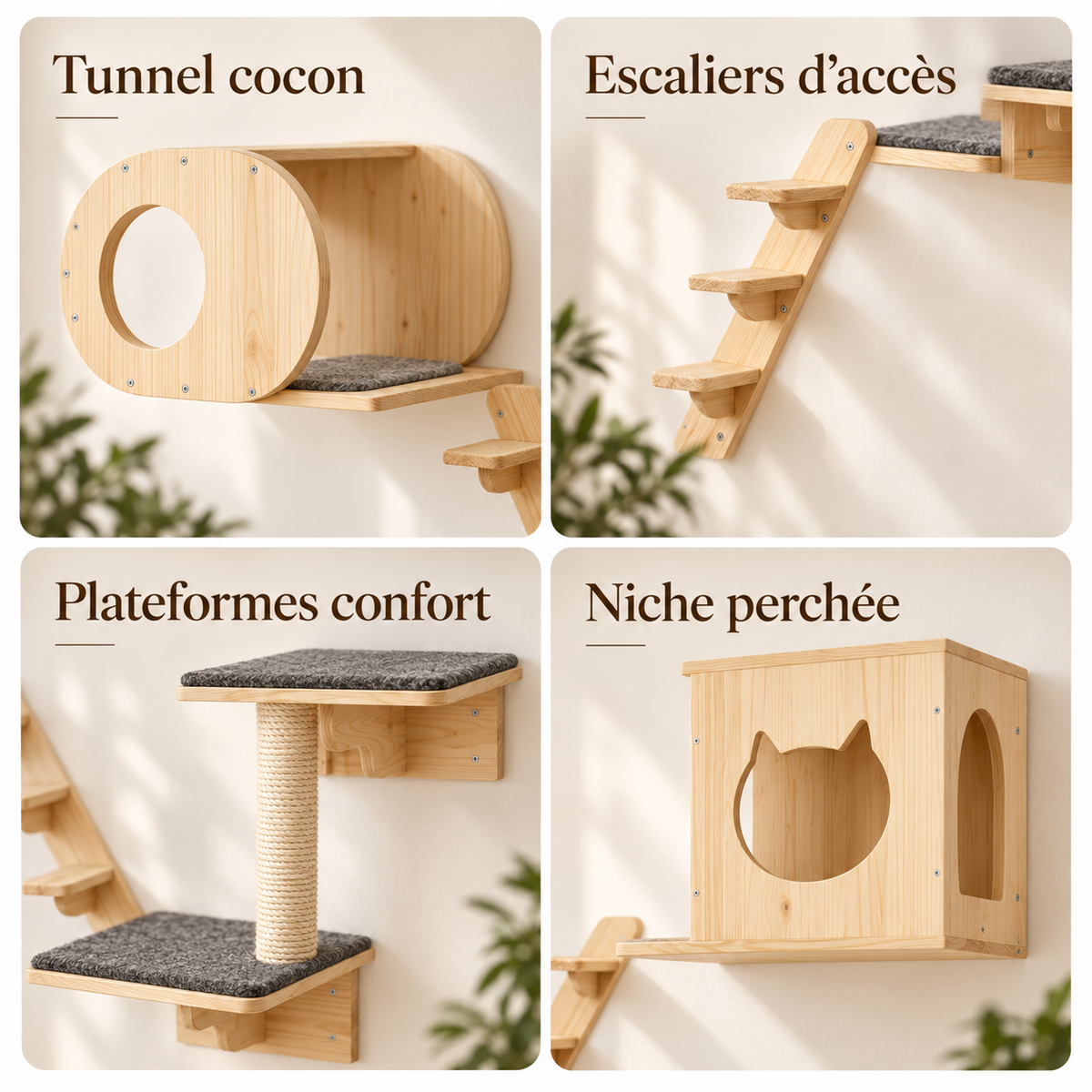 Arbre à chat mural en bois de pin avec 7 modules