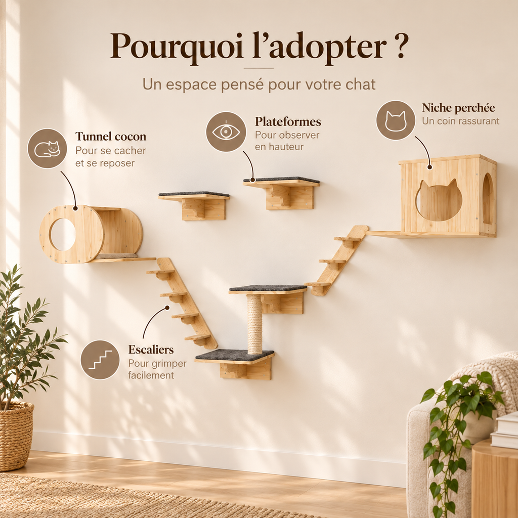 Arbre à chat mural en bois de pin avec 7 modules