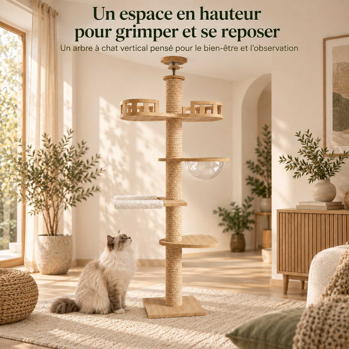 Arbre à chat design en bois massif réglable au plafond
