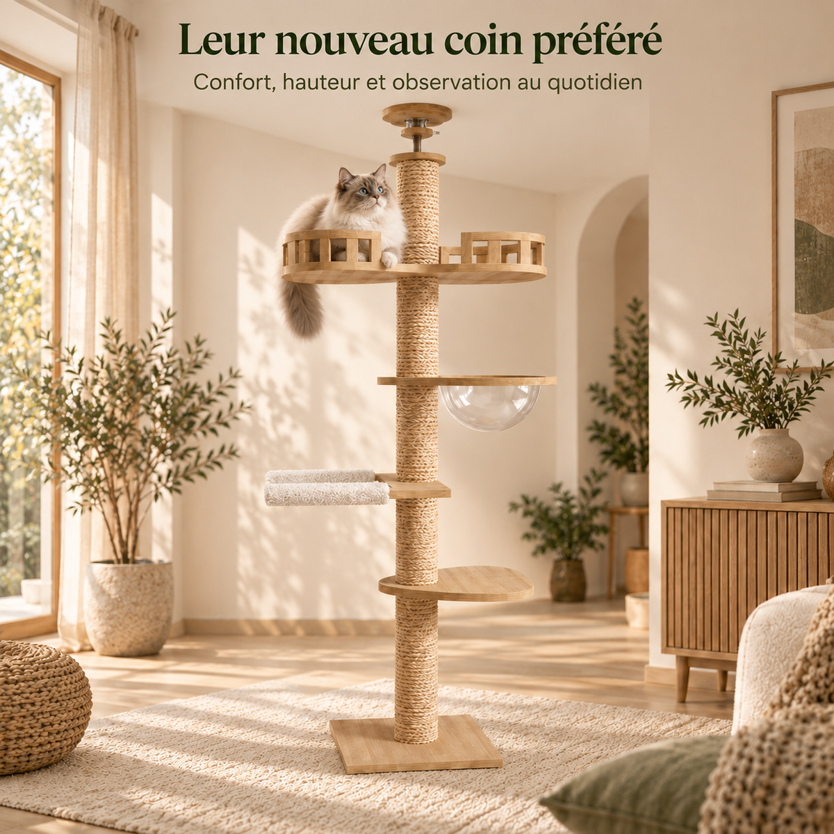 Arbre à chat design en bois massif réglable au plafond