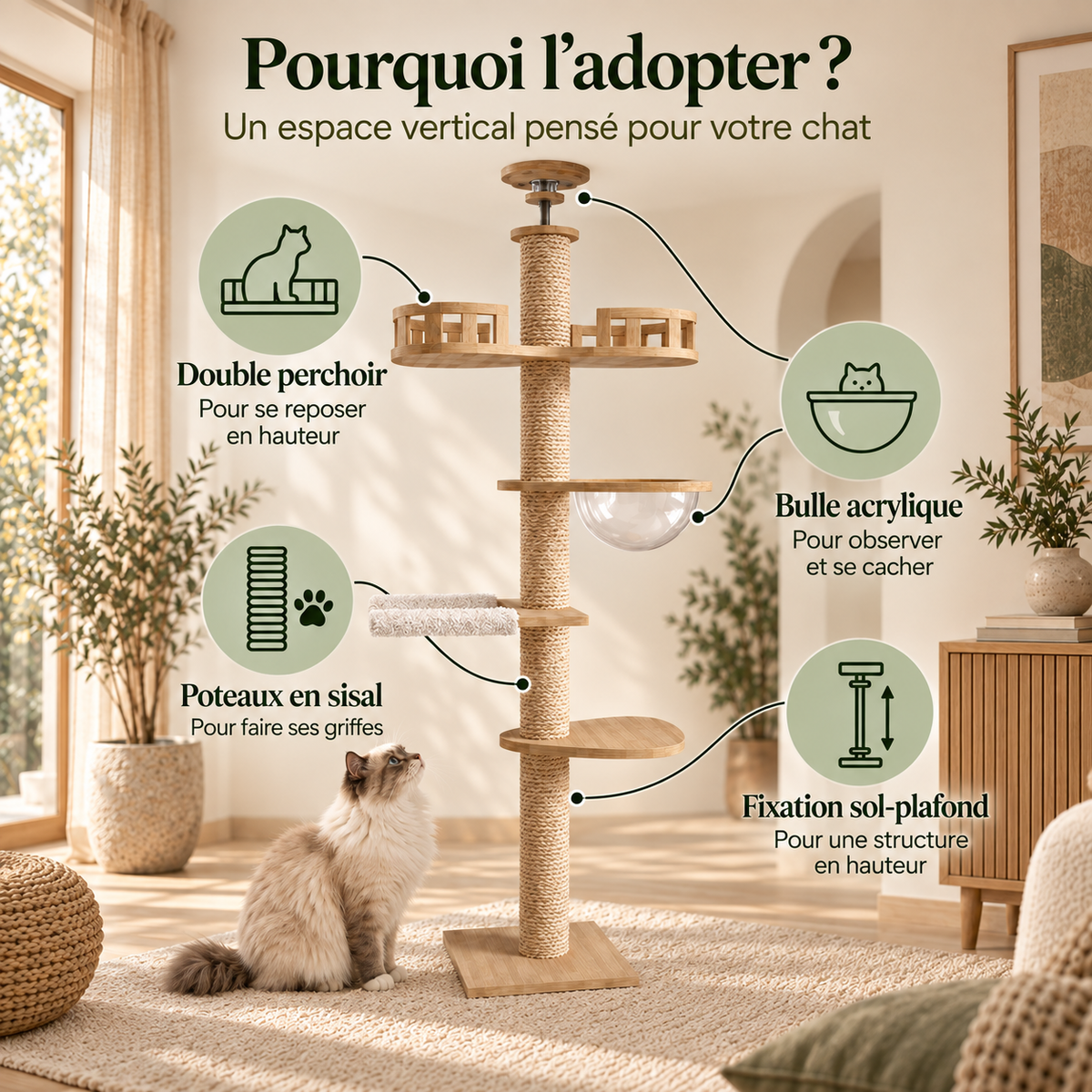 Arbre à chat design en bois massif réglable au plafond