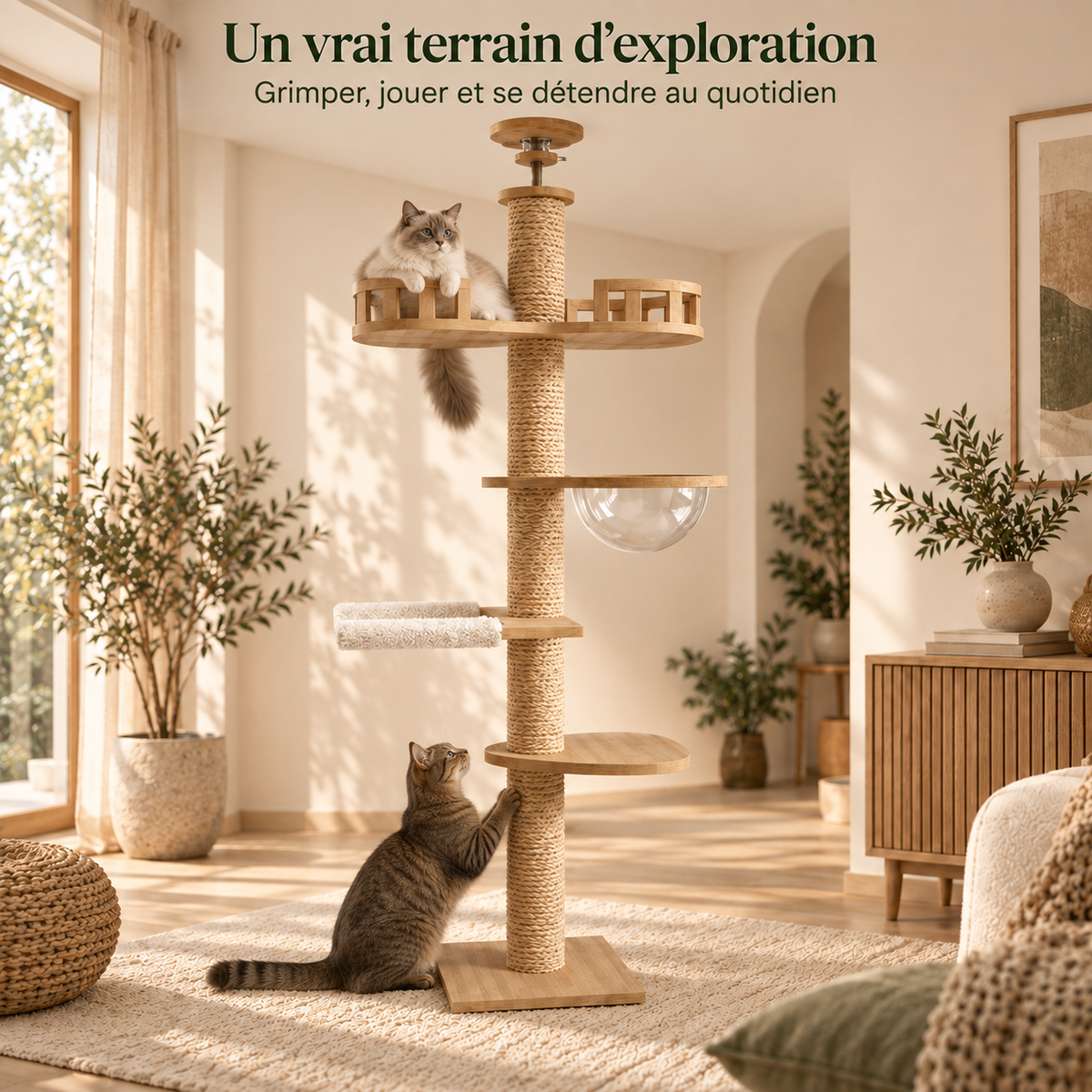 Arbre à chat design en bois massif réglable au plafond