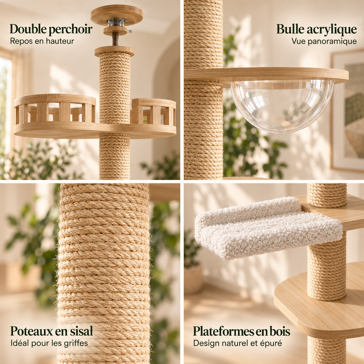 Arbre à chat design en bois massif réglable au plafond