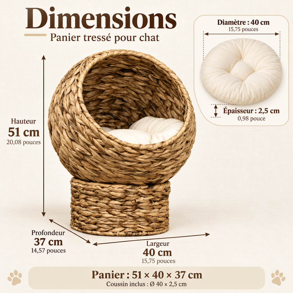 Lit grotte rond en fibre végétale tressée pour chat
