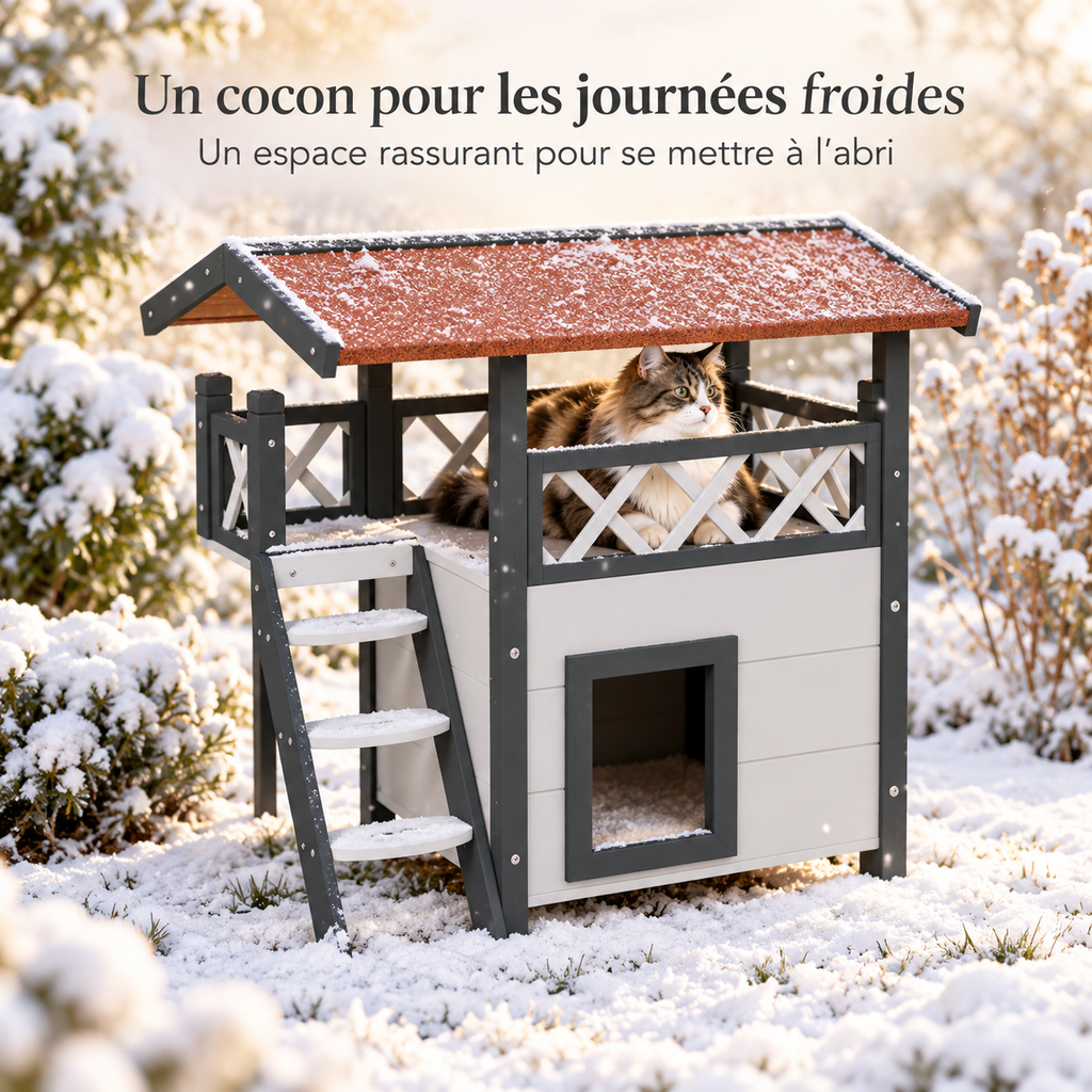 Niche d’extérieur pour chat en bois avec balcon couvert