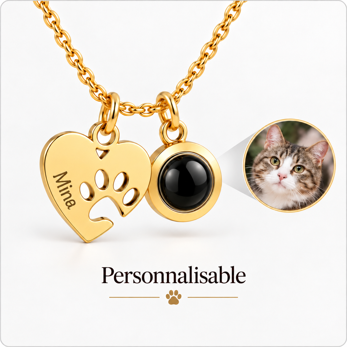 Personalized heart and paw necklace with your pet's photo and name