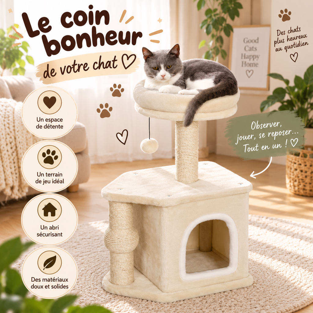 Arbre à chat compact de 66 cm avec niche et couchage
