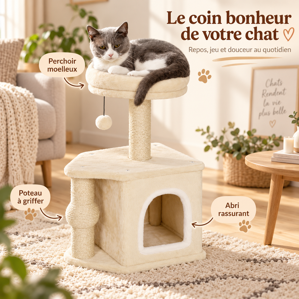 Arbre à chat compact de 66 cm avec niche et couchage