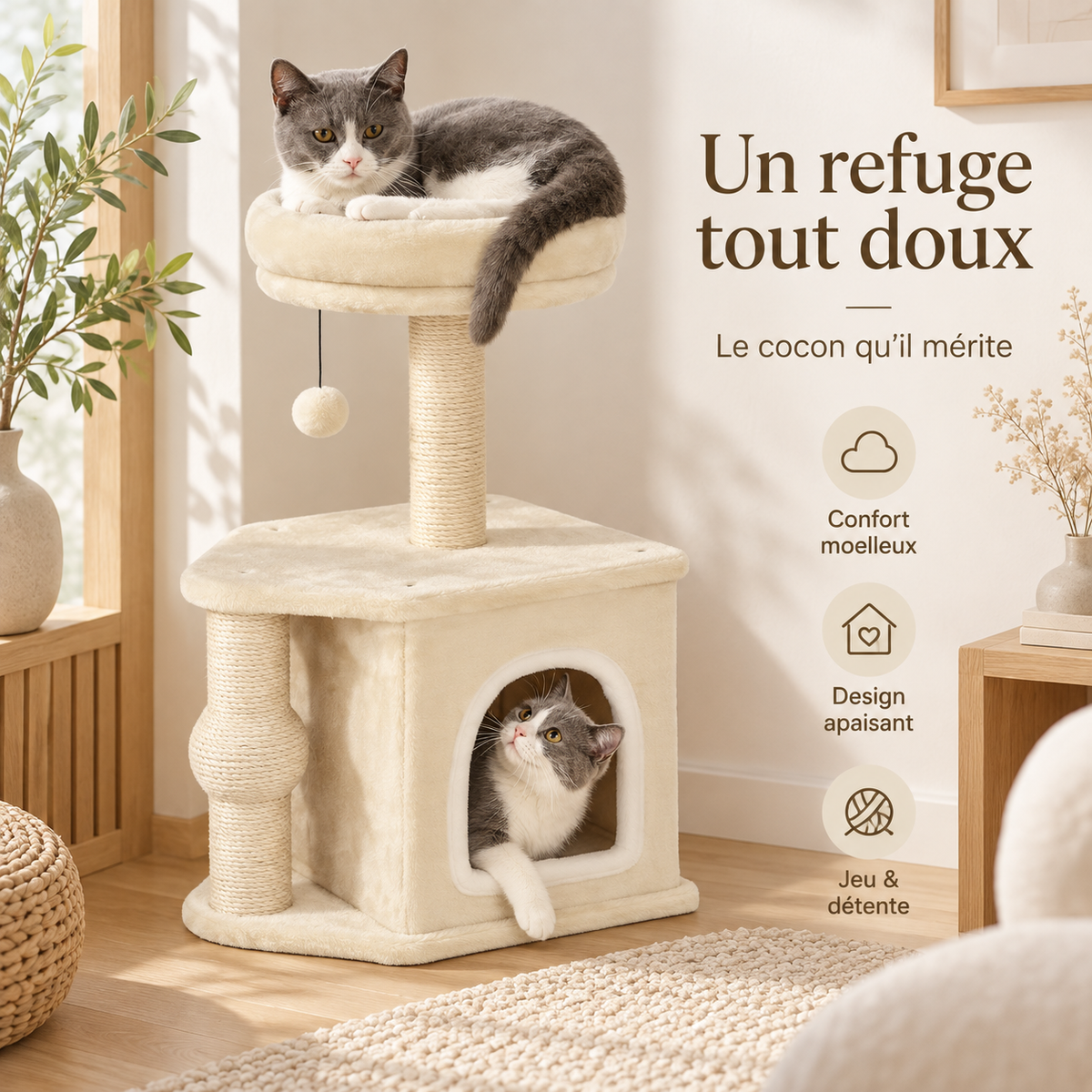 Arbre à chat compact de 66 cm avec niche et couchage