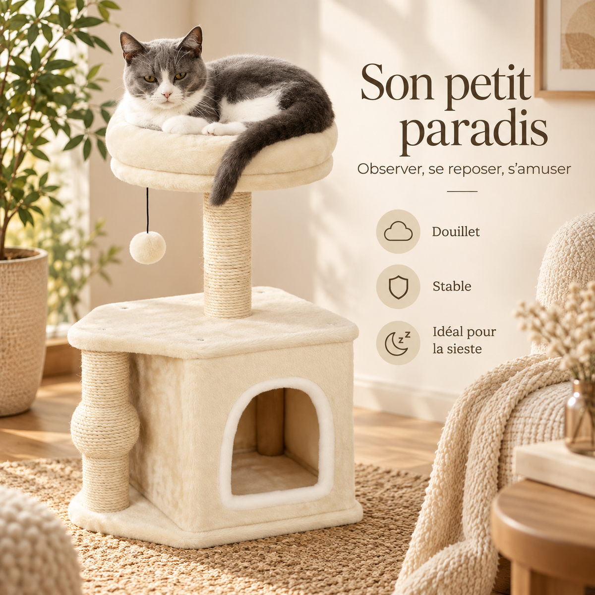 Arbre à chat compact de 66 cm avec niche et couchage