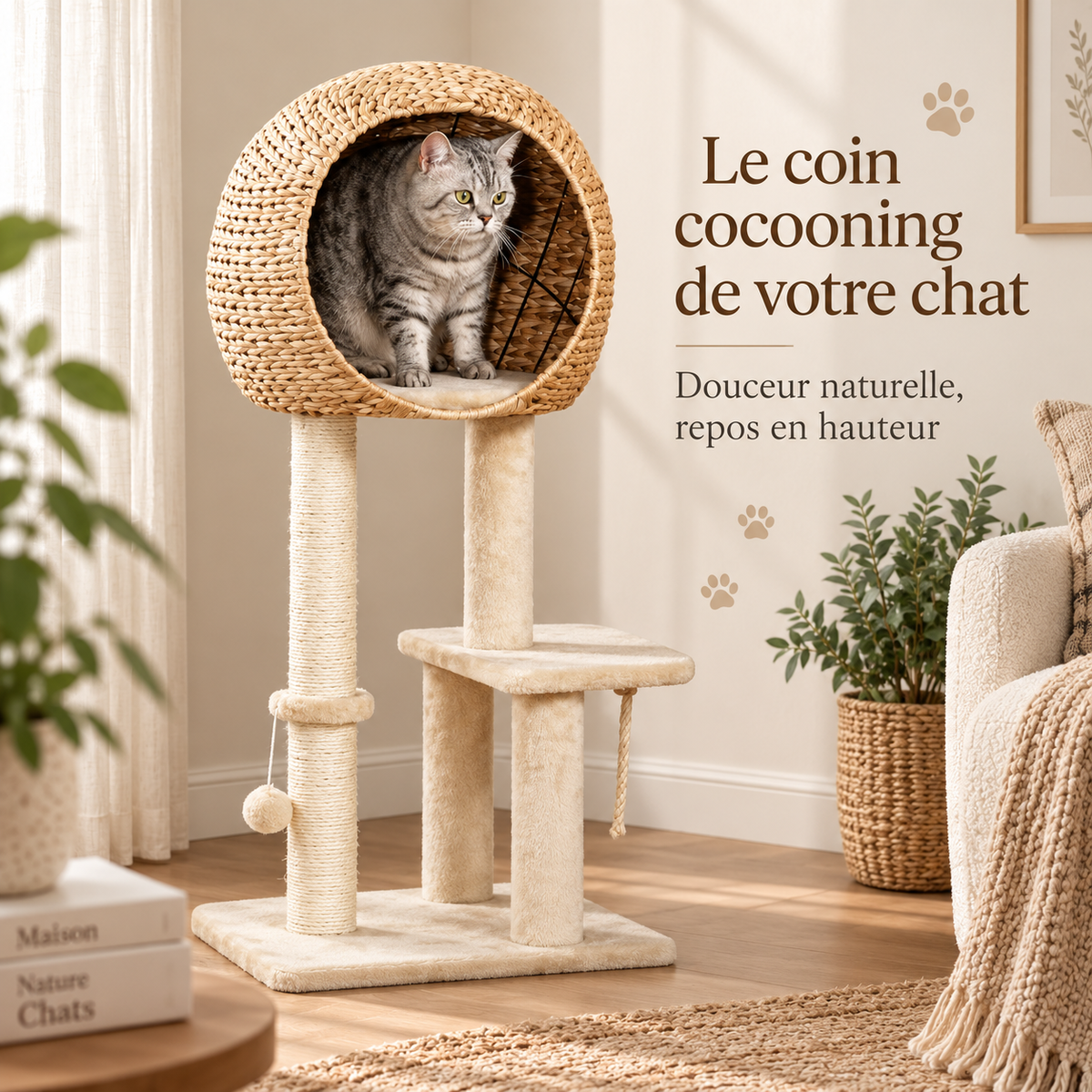 Arbre à chat design tout-en-un avec maison tressée